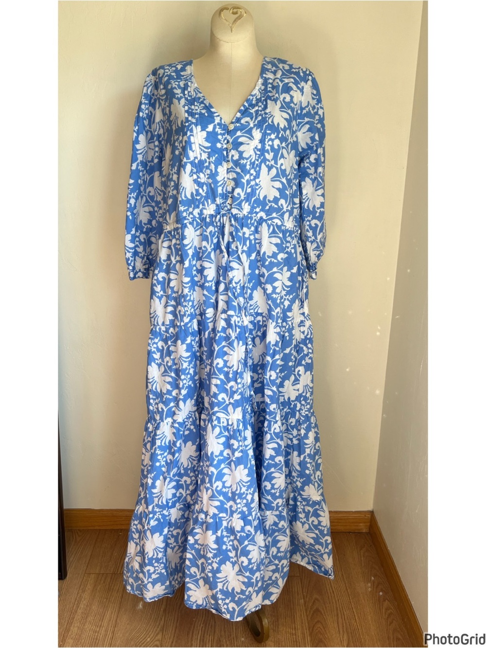 Pink City Prints White Blue Floral Maxi Dress M/L